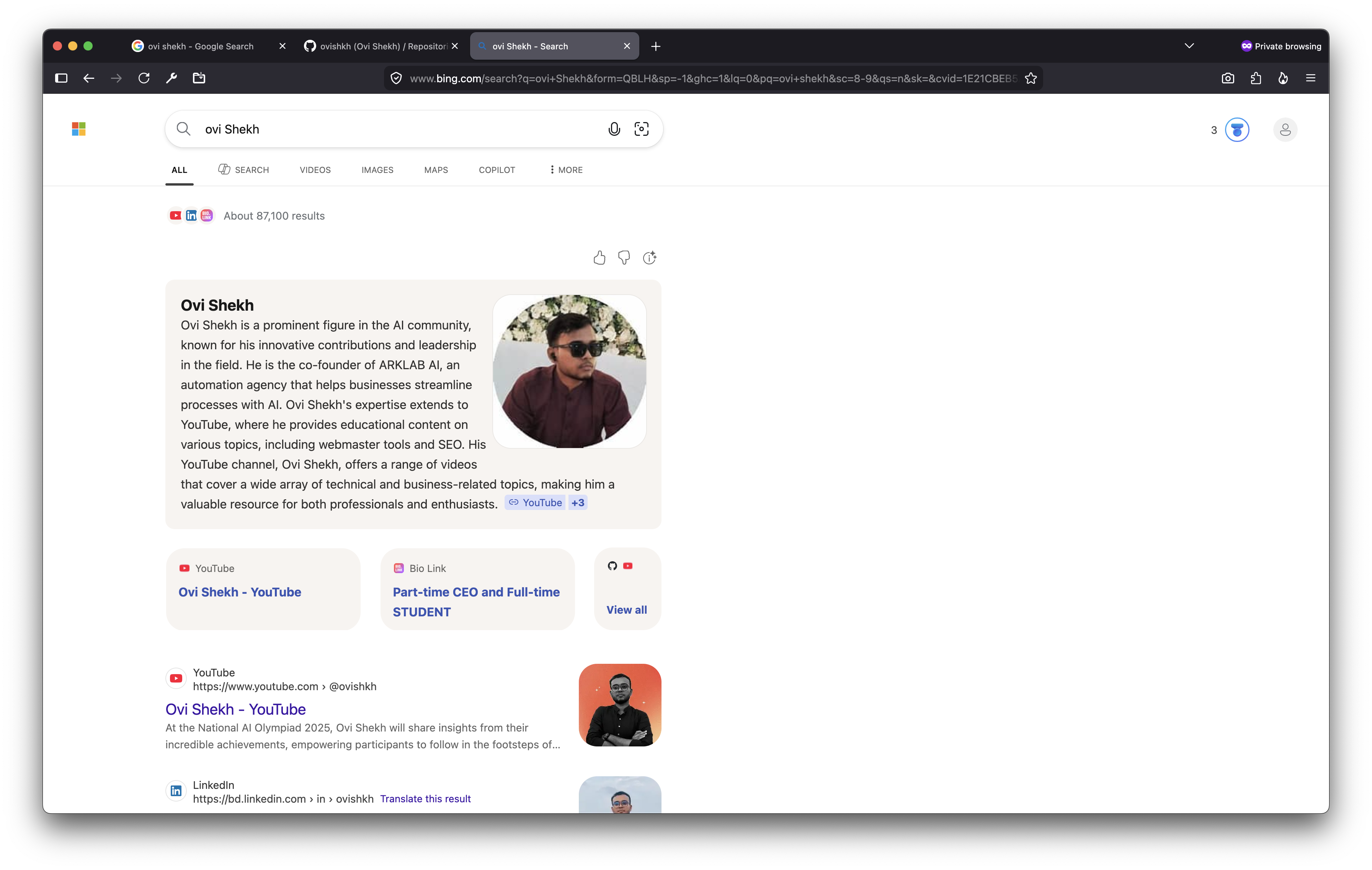ChatGPT search result for Ovi Shekh