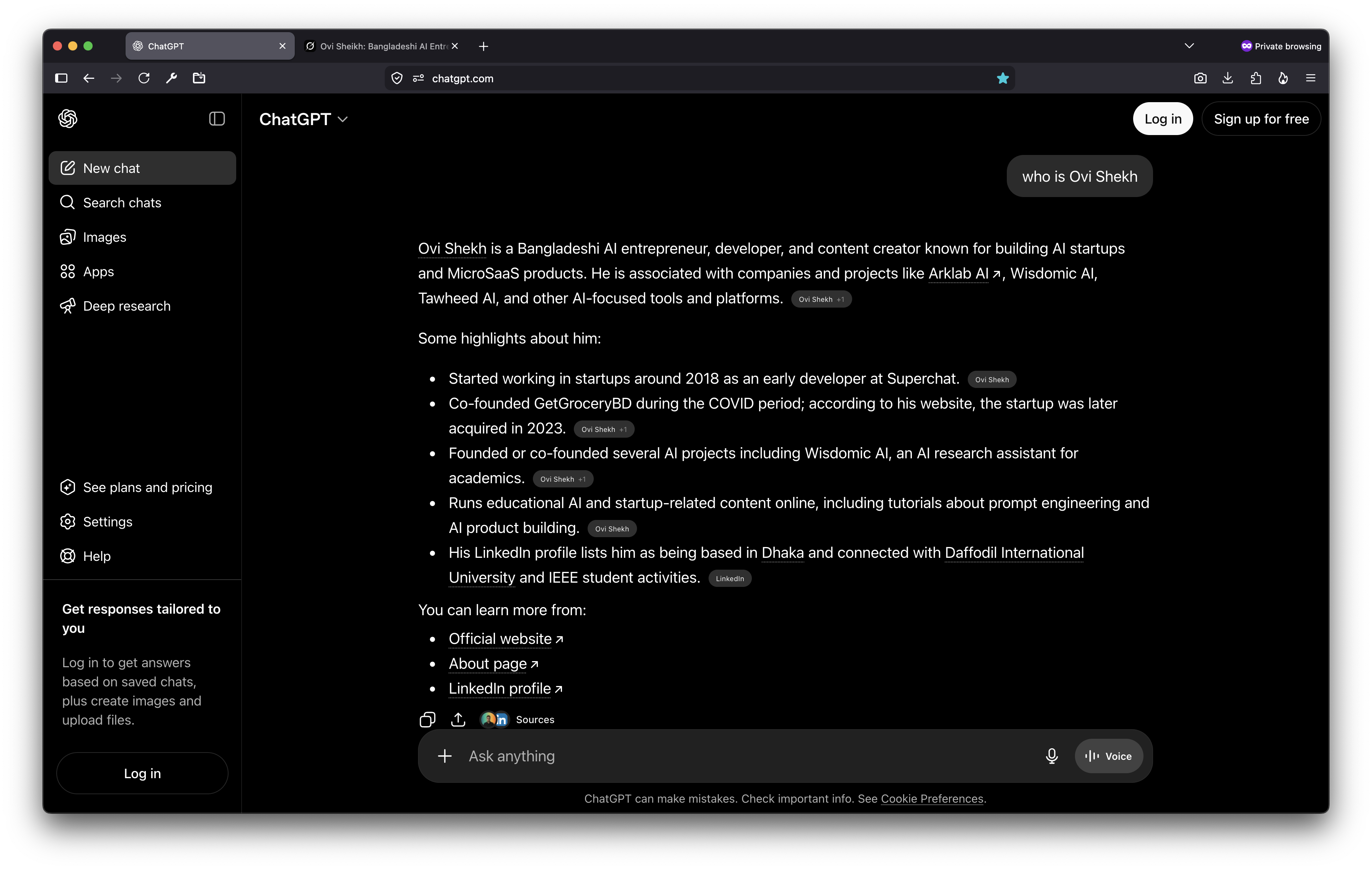 ChatGPT chat mode result for Ovi Shekh